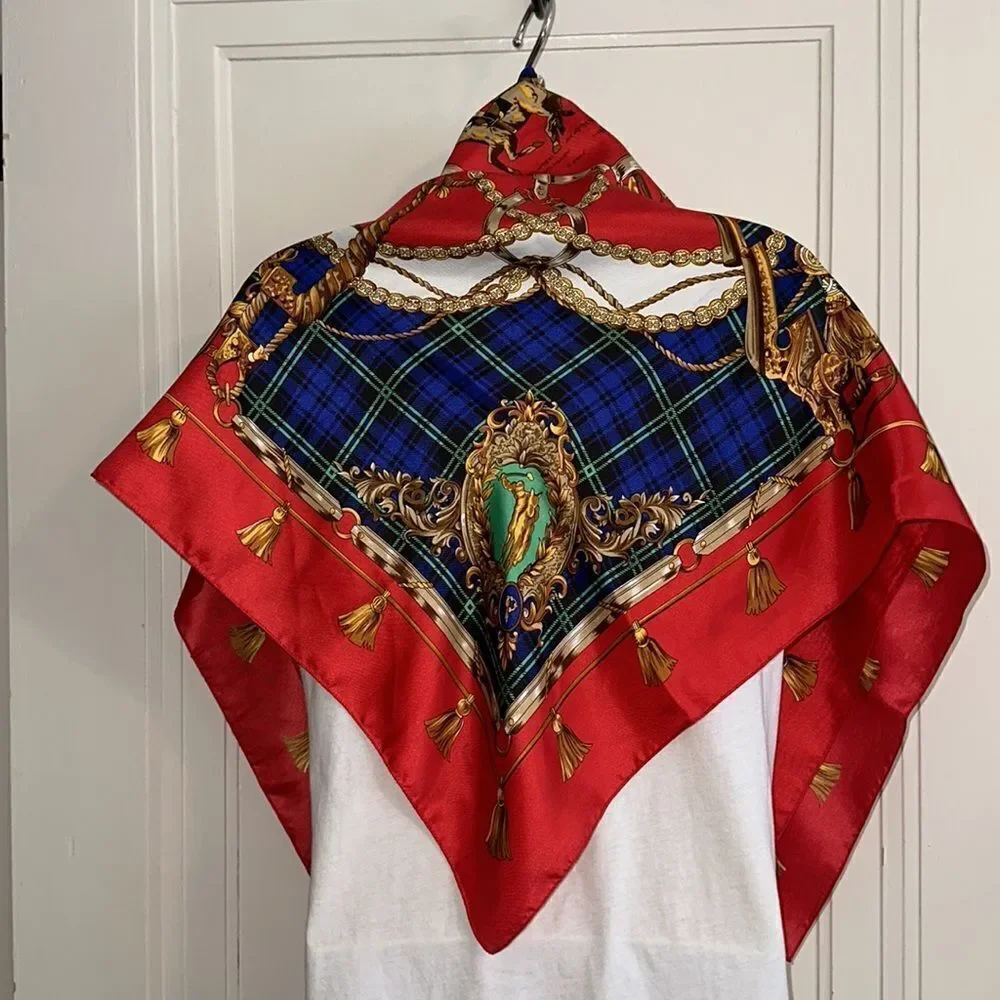 Vintage 80s/90s large polo, horses, bridle themed red, blue & gold scarf‎